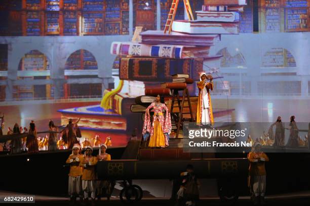 Dancers perform on stage during the Opening Ceremony of Baku 2017 - 4th Islamic Solidarity Games at the Olympic Stadium on May 12, 2017 in Baku,...