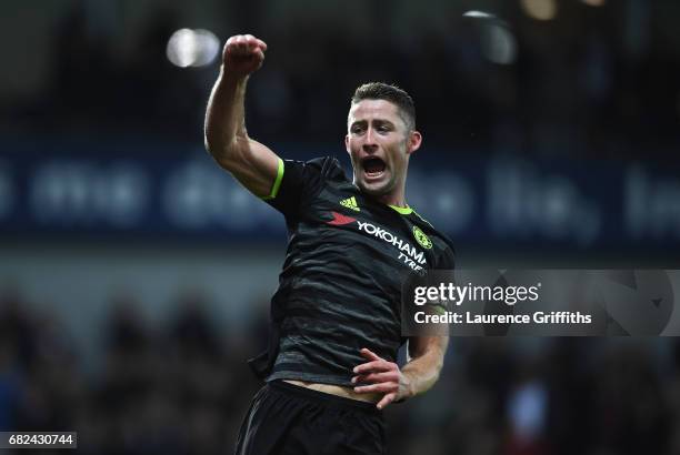 Gary Cahill of Chelsea celebrates winning the league after the Premier League match between West Bromwich Albion and Chelsea at The Hawthorns on May...