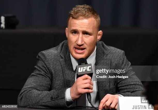 Justin Gaethje speaks to the media during the UFC Summer Kickoff Press Conference at the American Airlines Center on May 12, 2017 in Dallas, Texas.