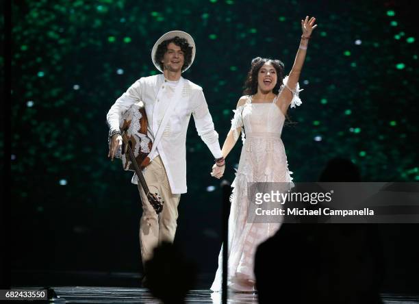 Artem Lukyanenko and Ksenia Zhuk of the band Naviband, are seen on stage during the rehearsal for the final of the 62nd Eurovision Song Contest at...