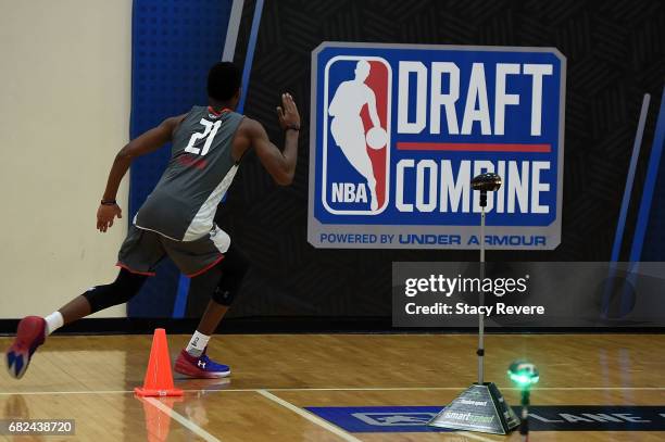 Terrance Ferguson participates in drills during Day Two of the NBA Draft Combine at Quest MultiSport Complex on May 12, 2017 in Chicago, Illinois....