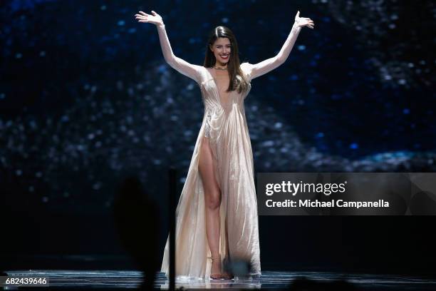 Singer Demy, representing Greece is seen on stage during the rehearsal for ''The final of this year's Eurovision Song Contest'' at International...