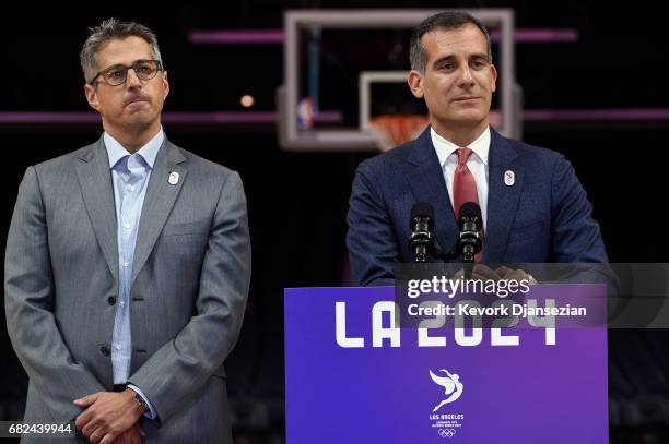 Los Angeles Mayor Eric Garcetti and LA 2024 Chairman Casey Wasserman hold a wrap up news conference following the three day visit by IOC Evaluation...