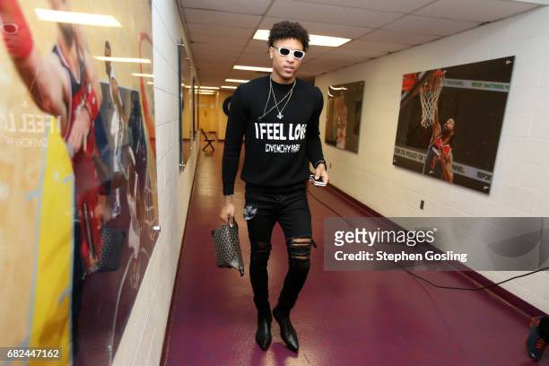 Kelly Oubre Jr. #12 of the Washington Wizards arrives to the arena before the game against the Boston Celtics during Game Six of the Eastern...