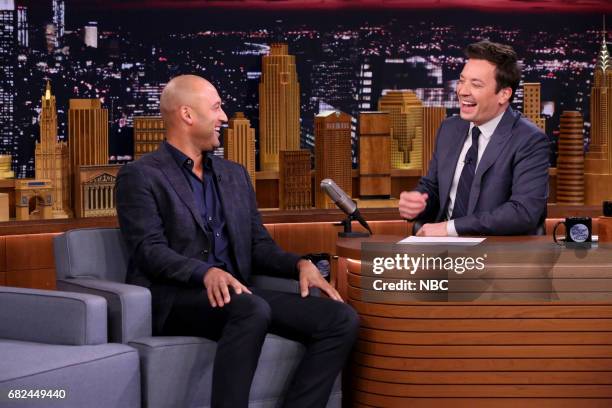 Episode 0674-- Pictured: Athlete Derek Jeter during an interview with host Jimmy Fallon on May 12, 2017 --