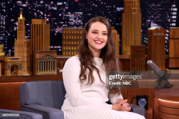 Episode 0674-- Pictured: Actress Katherine Langford during an interview with host Jimmy Fallon on May 12, 2017 --