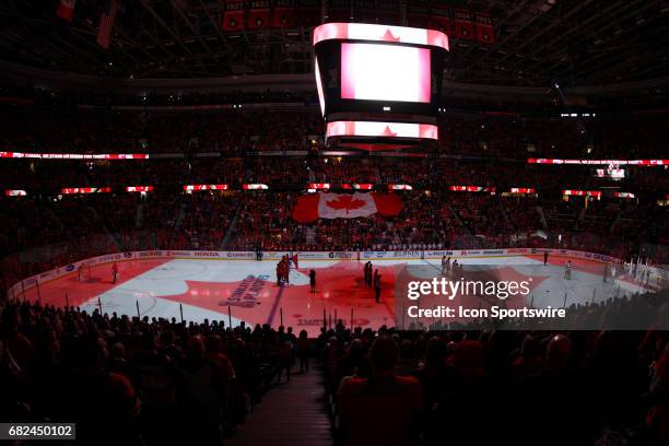 During the Canadian National Anthem before the start of the first period of Game 5 of the 2nd round of the 2017 NHL Stanley Cup Playoffs between the...