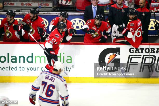 Ottawa Senators Winger Tom Pyatt after scoring during the second period of Game 5 of the 2nd round of the 2017 NHL Stanley Cup Playoffs between the...
