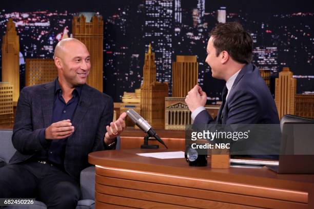 Episode 0674-- Pictured: Athlete Derek Jeter during an interview with host Jimmy Fallon on May 12, 2017 --