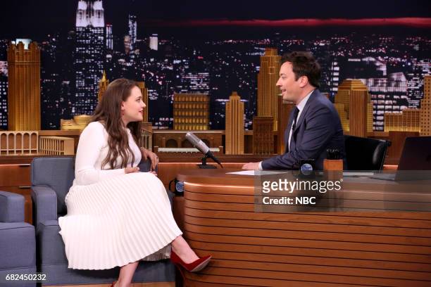 Episode 0674-- Pictured: Actress Katherine Langford during an interview with host Jimmy Fallon on May 12, 2017 --