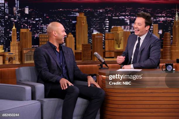 Episode 0674-- Pictured: Athlete Derek Jeter during an interview with host Jimmy Fallon on May 12, 2017 --