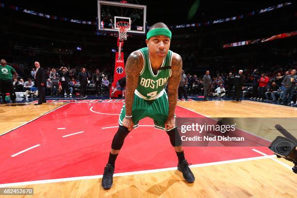 Isaiah Thomas of the Boston Celtics looks on before the game against the Washington Wizards during Game Six of the Eastern Conference Semifinals of...