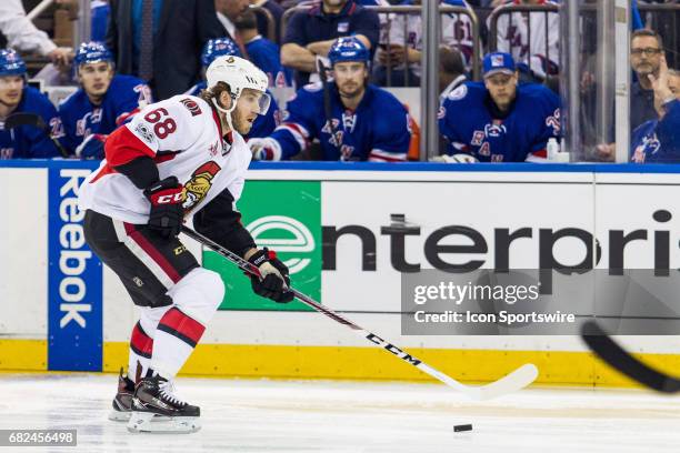 Ottawa Senators left wing Mike Hoffman takes the puck into the Rangers zone during the first period of game 4 of the second round of the 2017 Stanley...