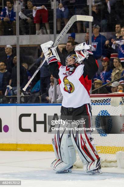 Ottawa Senators goalie Craig Anderson reacts after Ottawa Senators center Jean-Gabriel Pageau scores an empty netter, in the final seconds of the...