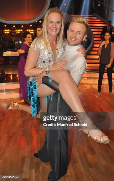 Niki Hosp and Willi Gabalier pose during the 'Dancing Stars' TV Show at ORF Zentrum on May 12, 2017 in Vienna, Austria.