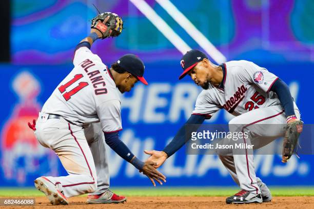 Jorge Polanco and Byron Buxton of the Minnesota Twins celebrate after defeating the Cleveland Indians at Progressive Field on May 12, 2017 in...