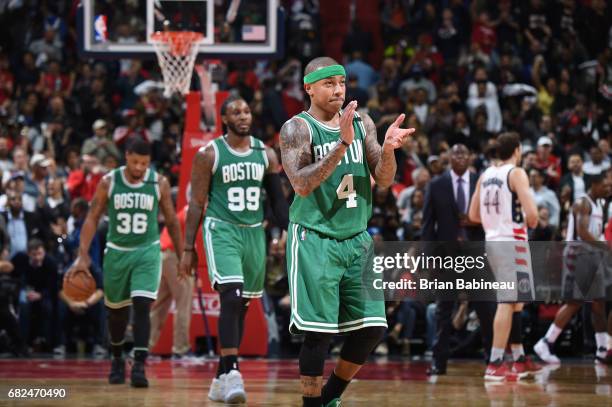 Isaiah Thomas of the Boston Celtics celebrates during Game Six of the Eastern Conference Semifinals of the 2017 NBA Playoffs on May 12, 2017 at the...