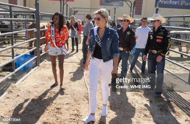 Miss USA 2016 Deshauna Barber and Miss Montana USA 2017 Brooke Bezanson with Professional Bull Riders Stormy Wing and Matt Tripplet during a visit to...