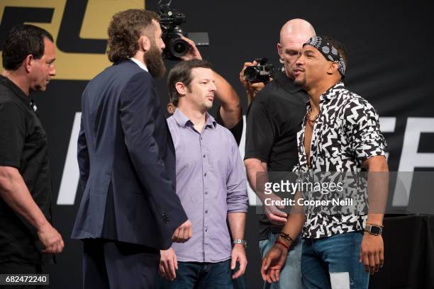 Michael Chiesa faces off with Kevin Lee during the UFC Summer Kickoff Press Conference at the American Airlines Center on May 12, 2017 in Dallas,...