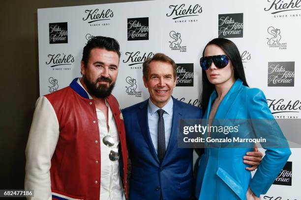 Chris Salgardo, Jeff Koons and Kyle Farmery attend the Kiehl's Since 1851, Art Production Fund and Saks Fifth Avenue Celebrate the Unveiling of...