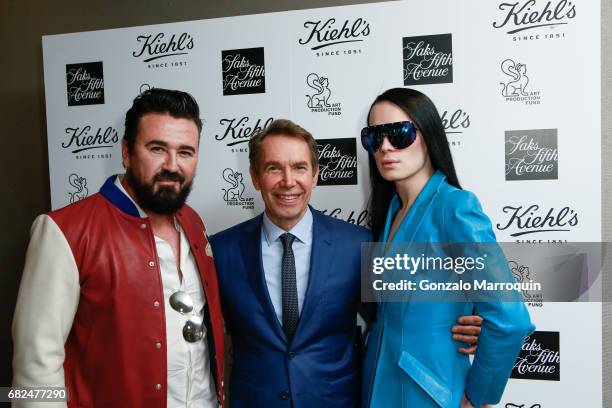 Chris Salgardo, Jeff Koons and Kyle Farmery attend the Kiehl's Since 1851, Art Production Fund and Saks Fifth Avenue Celebrate the Unveiling of...