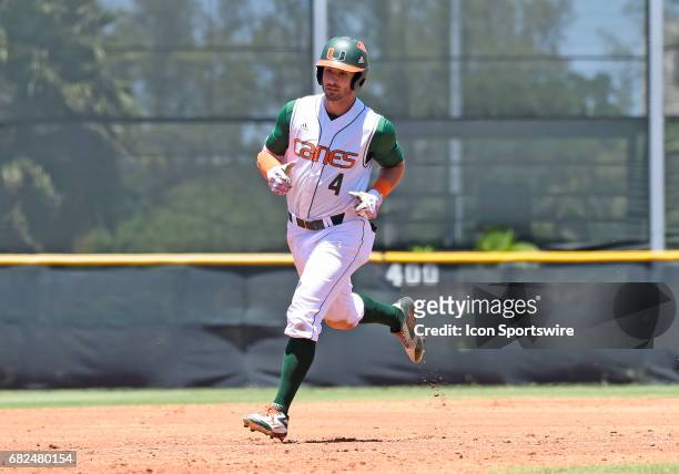 Miami infielder Johnny Ruiz hit a two run home run during a college baseball game between the Bethune-Cookman University Wildcats and the University...