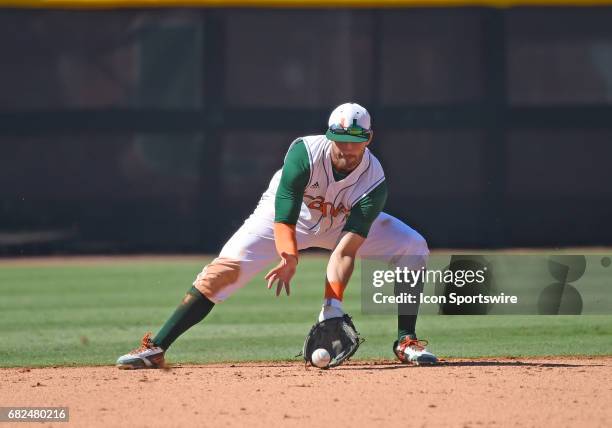 Miami infielder Johnny Ruiz fields a ground ball during a college baseball game between the Bethune-Cookman University Wildcats and the University of...