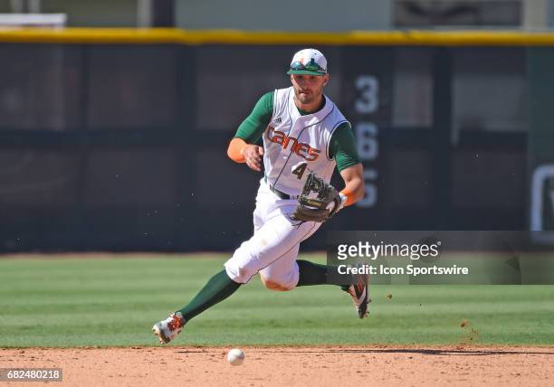 Miami infielder Johnny Ruiz fields a ground ball during a college baseball game between the Bethune-Cookman University Wildcats and the University of...