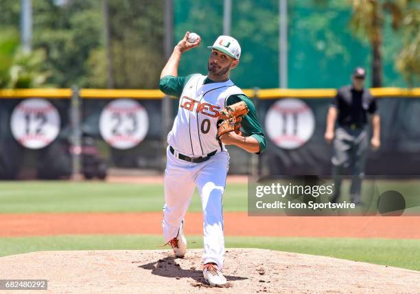 Miami right handed pitcher/infielder Gregory Veliz pitches during a college baseball game between the Bethune-Cookman University Wildcats and the...