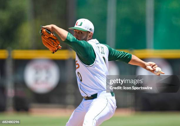 Miami right handed pitcher/infielder Gregory Veliz pitches during a college baseball game between the Bethune-Cookman University Wildcats and the...