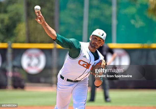 Miami right handed pitcher/infielder Gregory Veliz pitches during a college baseball game between the Bethune-Cookman University Wildcats and the...