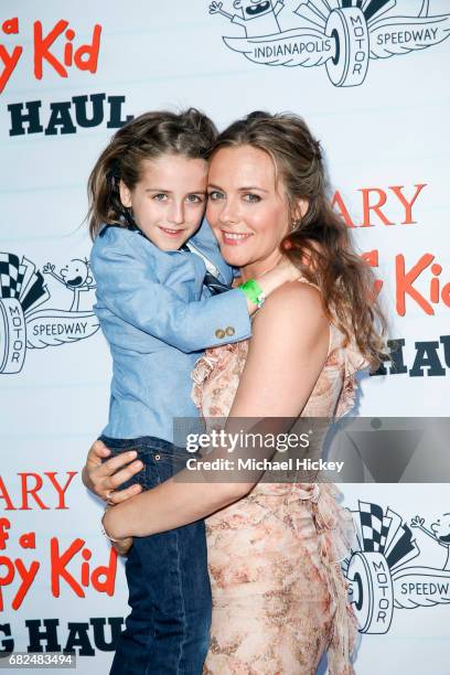 Alicia Silverstone and her son Bear Blu Jarecki appear at the premiere of Diary of a Wimpy Kid The Long Haul at the Indianapolis Motor Speedway on...