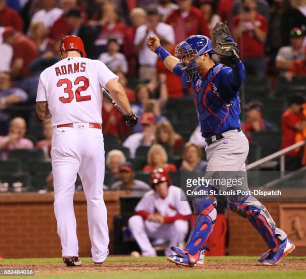 Chicago Cubs catcher Willson Contreras reacts after St. Louis Cardinals' Matt Adams struck out to end the game on Friday, May 12 at Busch Stadium in...