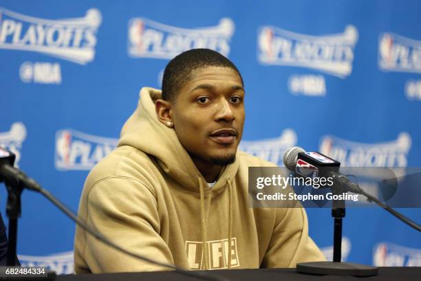 Bradley Beal of the Washington Wizards talks with the press after the game against the Boston Celtics during Game Six of the Eastern Conference...