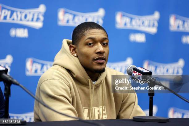 Bradley Beal of the Washington Wizards talks with the press after the game against the Boston Celtics during Game Six of the Eastern Conference...