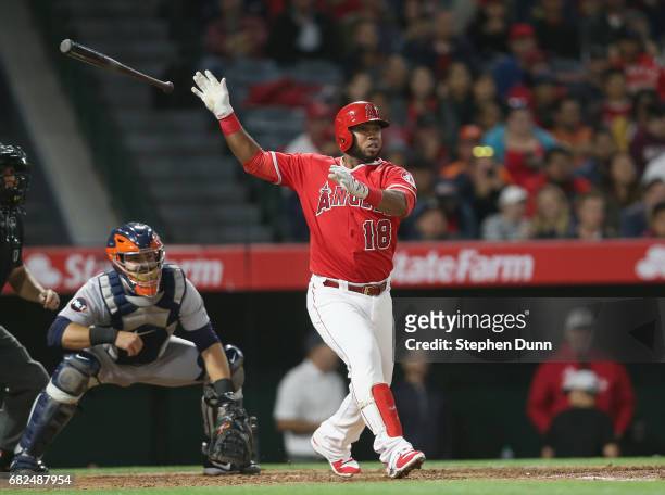 Luis Valbuena of the Los Angeles Angels of Anaheim hits a single in the sixth inning against the Detroit Tigers at Angel Stadium of Anaheim on May...