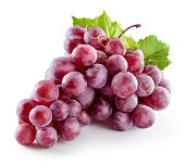 Ripe red grape. Pink bunch with leaves isolated on white. With clipping path. Full depth of field.