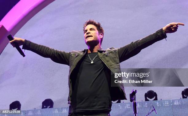 Singer Pat Monahan of Train performs as the band kicks off the Play That Song Tour in support of the album "A Girl, a Bottle, a Boat" at MGM Grand...