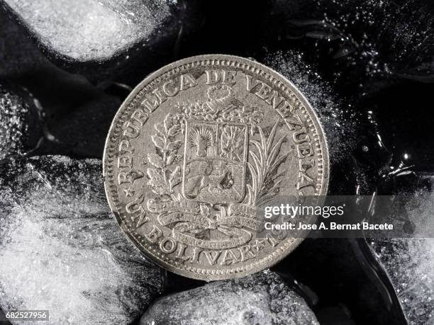 currency of venezuela of an bolivar between chunks of ice, concept on the monetary crisis of the venezuela - venezuela crisis stock pictures, royalty-free photos & images