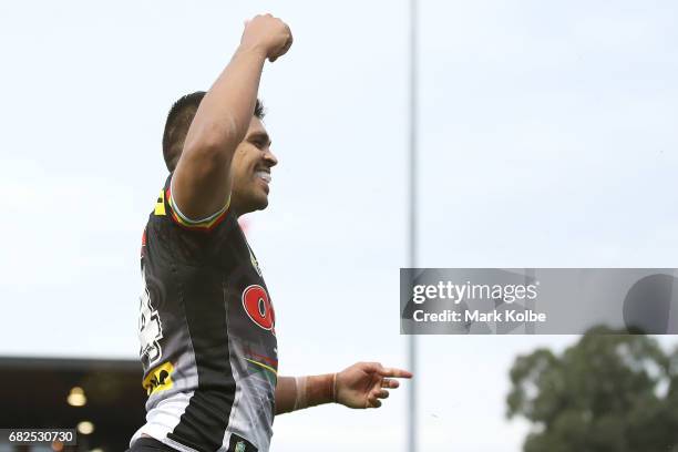 Tyrone Peachey of the Panthers celebrates scoring a try during the round 10 NRL match between the Penrith Panthers and the New Zealand Warriors at...