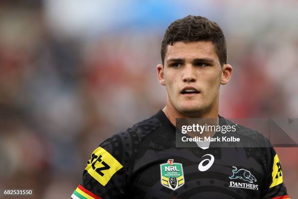 Nathan Cleary of the Panthers watches on during the round 10 NRL match between the Penrith Panthers and the New Zealand Warriors at Pepper Stadium on...