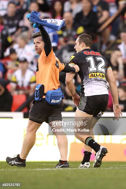 Isaah Yeo of the Panthers leaves the field with an injury during the round 10 NRL match between the Penrith Panthers and the New Zealand Warriors at...