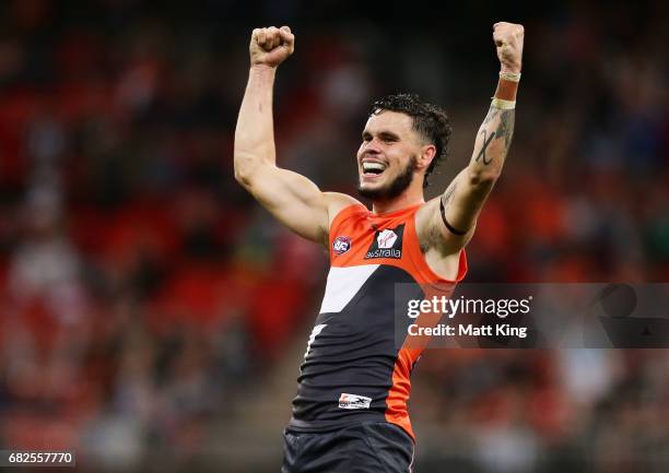 Zac Williams of the Giants celebrates victory at the final siren during the round eight AFL match between the Greater Western Sydney Giants and the...