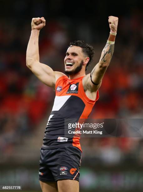 Zac Williams of the Giants celebrates victory at the final siren during the round eight AFL match between the Greater Western Sydney Giants and the...