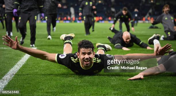 Diego Costa of Chelsea celebrates winning the league after the Premier League match between West Bromwich Albion and Chelsea at The Hawthorns on May...