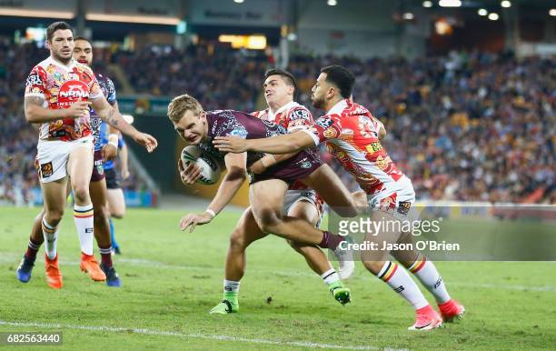 Tom Trbojevic of the Sea Eagles scores a try during the round 10 NRL match between the Manly Sea Eagles and the Brisbane Broncos at Suncorp Stadium...
