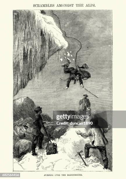 victorians climbing in the alps, jumping over the bergschrund - accidental death stock illustrations