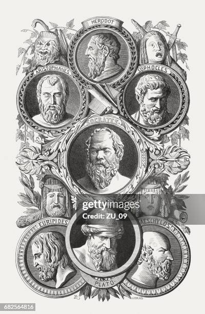 ilustrações de stock, clip art, desenhos animados e ícones de famous greek poets and philosophers, wood engraving, published in 1880 - filosofia