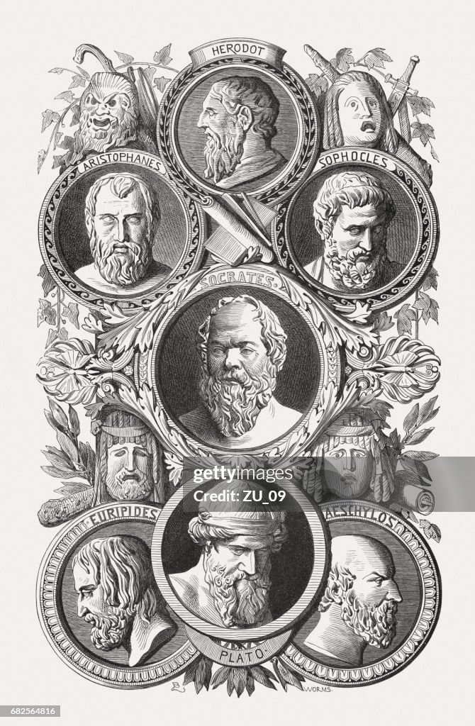 Famous Greek poets and philosophers, wood engraving, published in 1880
