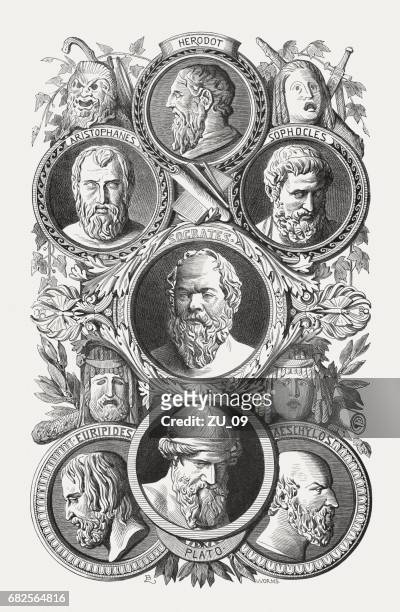famous greek poets and philosophers, wood engraving, published in 1880 - greek philosopher stock illustrations